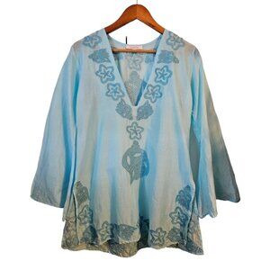 OndadeMar Women's Embroidered Light Blue Tunic Top - S Bell Sleeve Swim Coverup